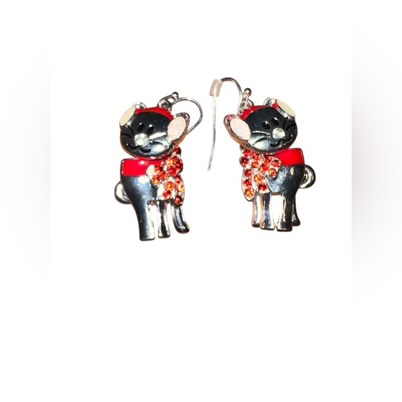 Christmas Cat‎ Earrings Silver and Red - Picture 1 of 3